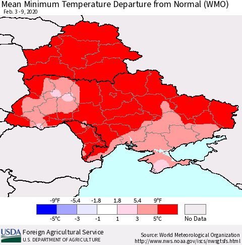 Ukraine, Moldova and Belarus Mean Minimum Temperature Departure from Normal (WMO) Thematic Map For 2/3/2020 - 2/9/2020