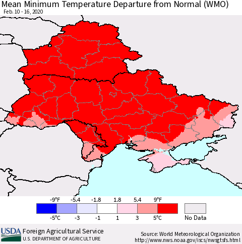 Ukraine, Moldova and Belarus Mean Minimum Temperature Departure from Normal (WMO) Thematic Map For 2/10/2020 - 2/16/2020
