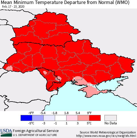 Ukraine, Moldova and Belarus Mean Minimum Temperature Departure from Normal (WMO) Thematic Map For 2/17/2020 - 2/23/2020