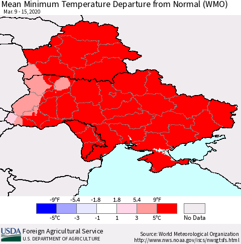 Ukraine, Moldova and Belarus Minimum Temperature Departure From Normal (WMO) Thematic Map For 3/9/2020 - 3/15/2020