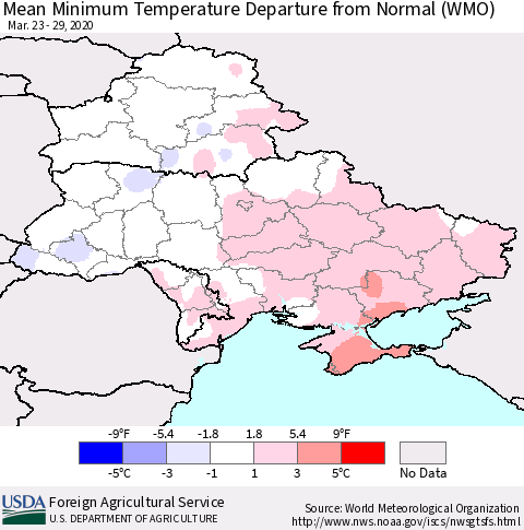 Ukraine, Moldova and Belarus Mean Minimum Temperature Departure from Normal (WMO) Thematic Map For 3/23/2020 - 3/29/2020
