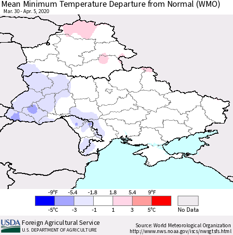 Ukraine, Moldova and Belarus Mean Minimum Temperature Departure from Normal (WMO) Thematic Map For 3/30/2020 - 4/5/2020