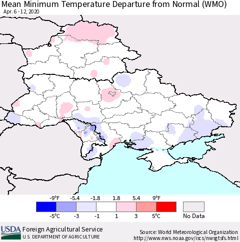 Ukraine, Moldova and Belarus Minimum Temperature Departure From Normal (WMO) Thematic Map For 4/6/2020 - 4/12/2020