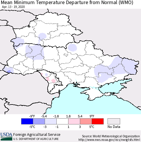 Ukraine, Moldova and Belarus Mean Minimum Temperature Departure from Normal (WMO) Thematic Map For 4/13/2020 - 4/19/2020