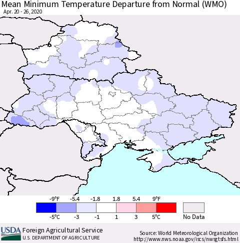 Ukraine, Moldova and Belarus Minimum Temperature Departure From Normal (WMO) Thematic Map For 4/20/2020 - 4/26/2020