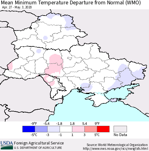Ukraine, Moldova and Belarus Mean Minimum Temperature Departure from Normal (WMO) Thematic Map For 4/27/2020 - 5/3/2020