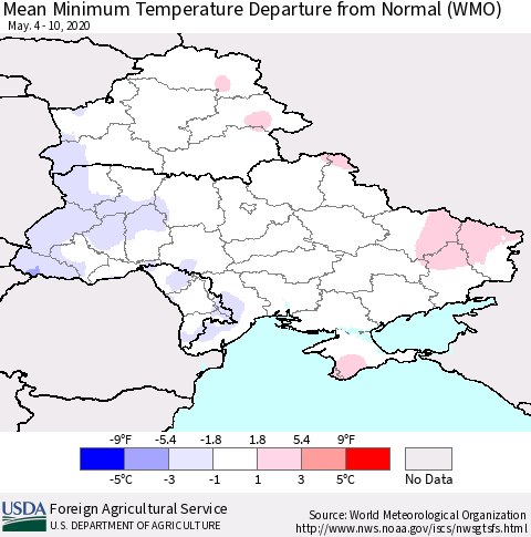Ukraine, Moldova and Belarus Minimum Temperature Departure From Normal (WMO) Thematic Map For 5/4/2020 - 5/10/2020