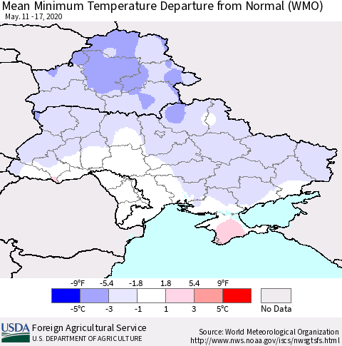 Ukraine, Moldova and Belarus Mean Minimum Temperature Departure from Normal (WMO) Thematic Map For 5/11/2020 - 5/17/2020