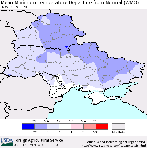 Ukraine, Moldova and Belarus Mean Minimum Temperature Departure from Normal (WMO) Thematic Map For 5/18/2020 - 5/24/2020