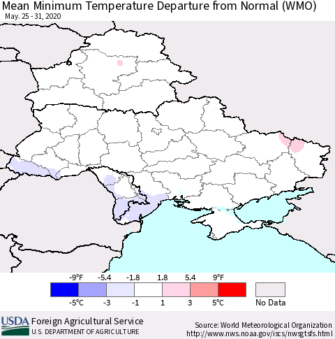 Ukraine, Moldova and Belarus Mean Minimum Temperature Departure from Normal (WMO) Thematic Map For 5/25/2020 - 5/31/2020
