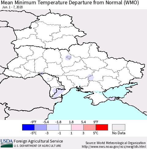 Ukraine, Moldova and Belarus Minimum Temperature Departure From Normal (WMO) Thematic Map For 6/1/2020 - 6/7/2020