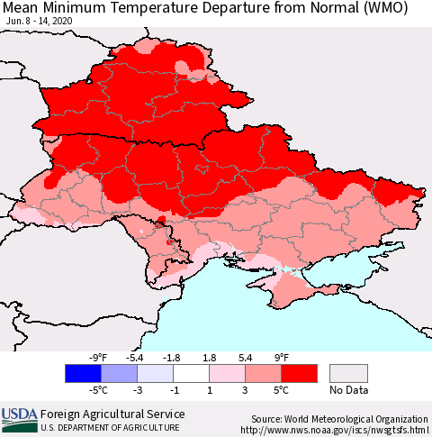 Ukraine, Moldova and Belarus Mean Minimum Temperature Departure from Normal (WMO) Thematic Map For 6/8/2020 - 6/14/2020