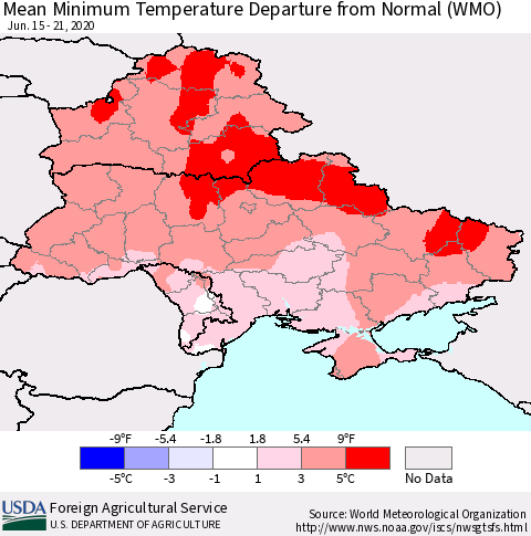 Ukraine, Moldova and Belarus Mean Minimum Temperature Departure from Normal (WMO) Thematic Map For 6/15/2020 - 6/21/2020