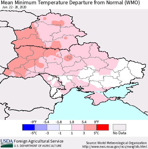 Ukraine, Moldova and Belarus Mean Minimum Temperature Departure from Normal (WMO) Thematic Map For 6/22/2020 - 6/28/2020