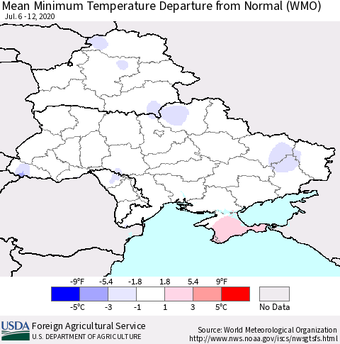 Ukraine, Moldova and Belarus Mean Minimum Temperature Departure from Normal (WMO) Thematic Map For 7/6/2020 - 7/12/2020