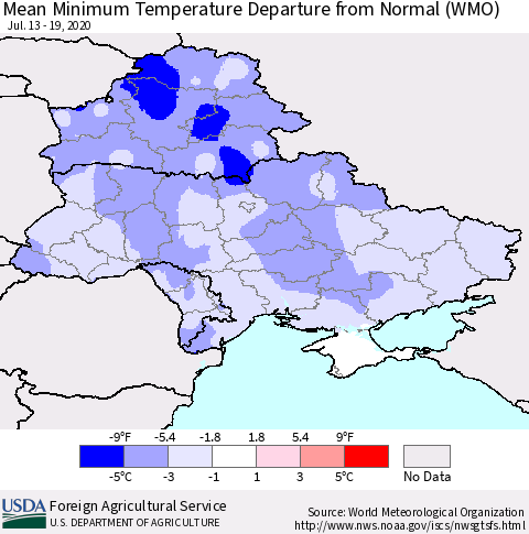 Ukraine, Moldova and Belarus Mean Minimum Temperature Departure from Normal (WMO) Thematic Map For 7/13/2020 - 7/19/2020