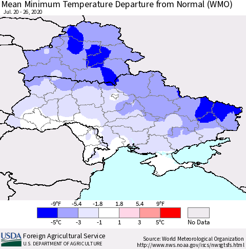 Ukraine, Moldova and Belarus Mean Minimum Temperature Departure from Normal (WMO) Thematic Map For 7/20/2020 - 7/26/2020