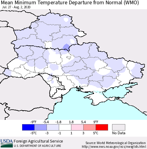 Ukraine, Moldova and Belarus Mean Minimum Temperature Departure from Normal (WMO) Thematic Map For 7/27/2020 - 8/2/2020