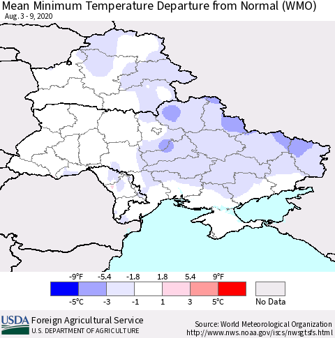 Ukraine, Moldova and Belarus Mean Minimum Temperature Departure from Normal (WMO) Thematic Map For 8/3/2020 - 8/9/2020