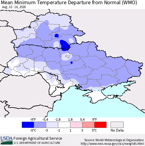 Ukraine, Moldova and Belarus Mean Minimum Temperature Departure from Normal (WMO) Thematic Map For 8/10/2020 - 8/16/2020