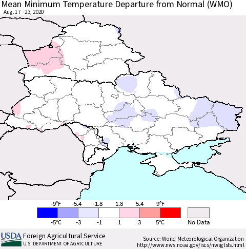 Ukraine, Moldova and Belarus Mean Minimum Temperature Departure from Normal (WMO) Thematic Map For 8/17/2020 - 8/23/2020