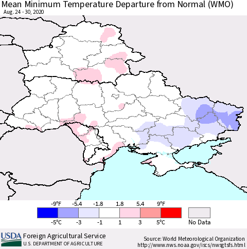 Ukraine, Moldova and Belarus Mean Minimum Temperature Departure from Normal (WMO) Thematic Map For 8/24/2020 - 8/30/2020