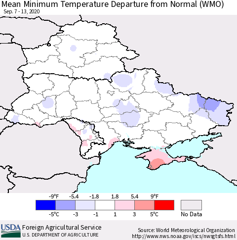 Ukraine, Moldova and Belarus Minimum Temperature Departure From Normal (WMO) Thematic Map For 9/7/2020 - 9/13/2020