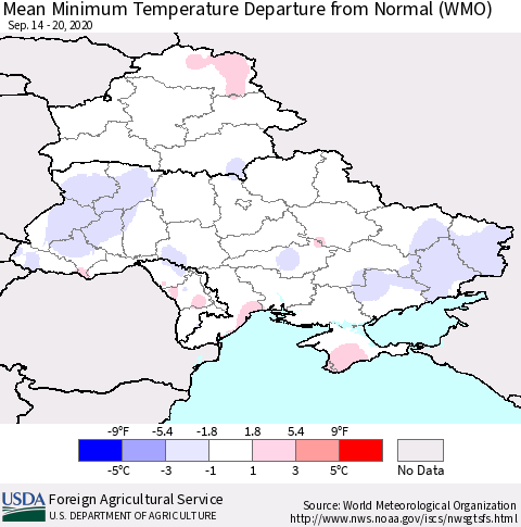 Ukraine, Moldova and Belarus Mean Minimum Temperature Departure from Normal (WMO) Thematic Map For 9/14/2020 - 9/20/2020