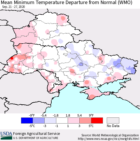 Ukraine, Moldova and Belarus Minimum Temperature Departure From Normal (WMO) Thematic Map For 9/21/2020 - 9/27/2020
