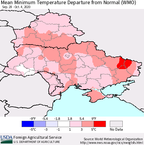 Ukraine, Moldova and Belarus Mean Minimum Temperature Departure from Normal (WMO) Thematic Map For 9/28/2020 - 10/4/2020
