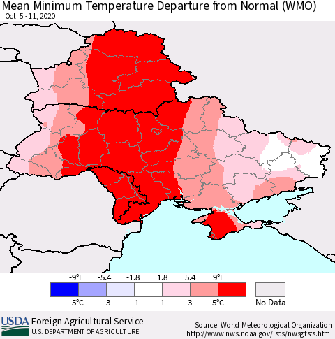 Ukraine, Moldova and Belarus Mean Minimum Temperature Departure from Normal (WMO) Thematic Map For 10/5/2020 - 10/11/2020