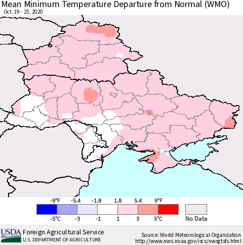 Ukraine, Moldova and Belarus Mean Minimum Temperature Departure from Normal (WMO) Thematic Map For 10/19/2020 - 10/25/2020