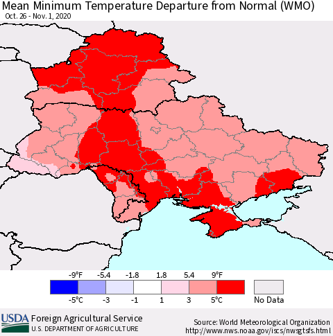 Ukraine, Moldova and Belarus Mean Minimum Temperature Departure from Normal (WMO) Thematic Map For 10/26/2020 - 11/1/2020