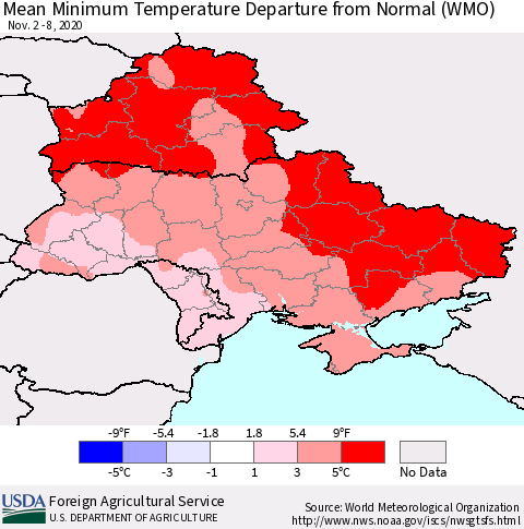 Ukraine, Moldova and Belarus Mean Minimum Temperature Departure from Normal (WMO) Thematic Map For 11/2/2020 - 11/8/2020
