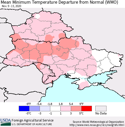 Ukraine, Moldova and Belarus Mean Minimum Temperature Departure from Normal (WMO) Thematic Map For 11/9/2020 - 11/15/2020