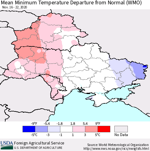 Ukraine, Moldova and Belarus Mean Minimum Temperature Departure from Normal (WMO) Thematic Map For 11/16/2020 - 11/22/2020