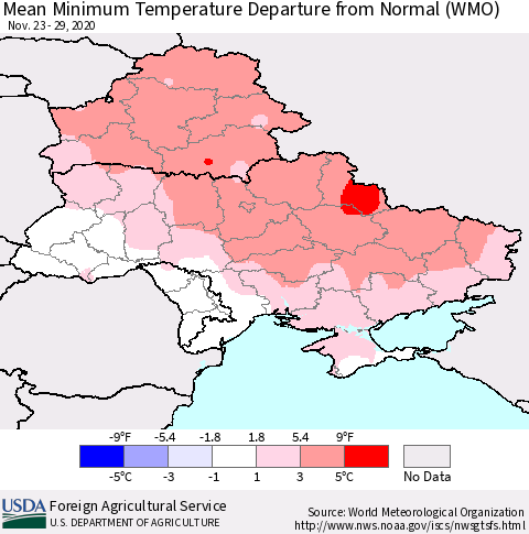 Ukraine, Moldova and Belarus Mean Minimum Temperature Departure from Normal (WMO) Thematic Map For 11/23/2020 - 11/29/2020