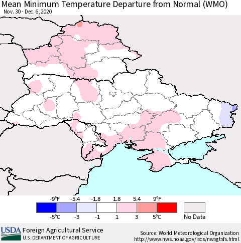 Ukraine, Moldova and Belarus Minimum Temperature Departure From Normal (WMO) Thematic Map For 11/30/2020 - 12/6/2020