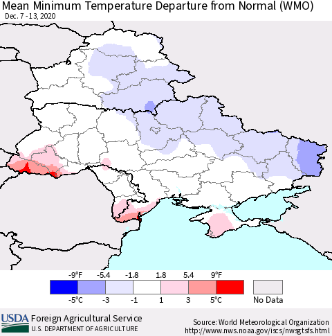 Ukraine, Moldova and Belarus Mean Minimum Temperature Departure from Normal (WMO) Thematic Map For 12/7/2020 - 12/13/2020
