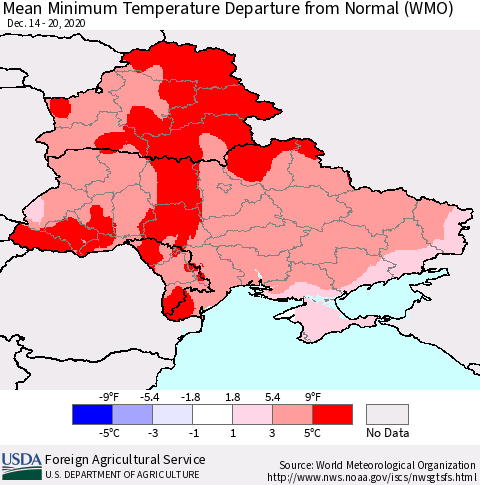 Ukraine, Moldova and Belarus Mean Minimum Temperature Departure from Normal (WMO) Thematic Map For 12/14/2020 - 12/20/2020