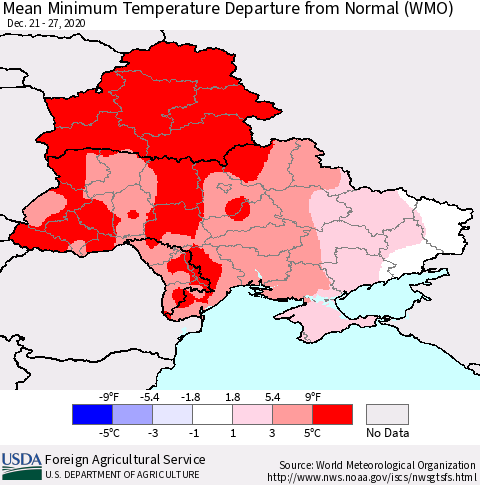 Ukraine, Moldova and Belarus Mean Minimum Temperature Departure from Normal (WMO) Thematic Map For 12/21/2020 - 12/27/2020