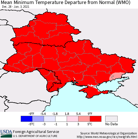 Ukraine, Moldova and Belarus Mean Minimum Temperature Departure from Normal (WMO) Thematic Map For 12/28/2020 - 1/3/2021