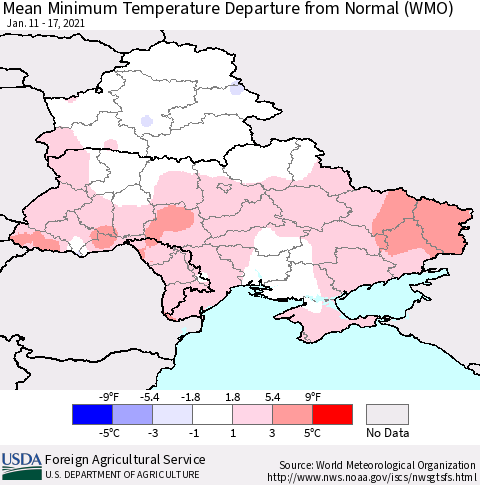 Ukraine, Moldova and Belarus Mean Minimum Temperature Departure from Normal (WMO) Thematic Map For 1/11/2021 - 1/17/2021