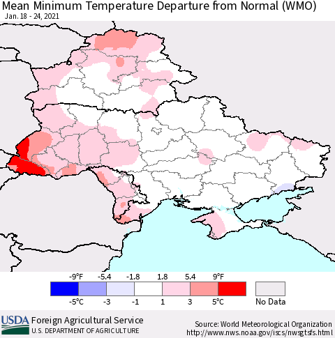 Ukraine, Moldova and Belarus Mean Minimum Temperature Departure from Normal (WMO) Thematic Map For 1/18/2021 - 1/24/2021