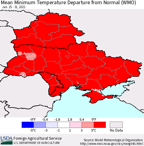 Ukraine, Moldova and Belarus Mean Minimum Temperature Departure from Normal (WMO) Thematic Map For 1/25/2021 - 1/31/2021