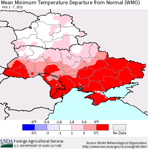 Ukraine, Moldova and Belarus Minimum Temperature Departure From Normal (WMO) Thematic Map For 2/1/2021 - 2/7/2021