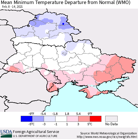 Ukraine, Moldova and Belarus Mean Minimum Temperature Departure from Normal (WMO) Thematic Map For 2/8/2021 - 2/14/2021