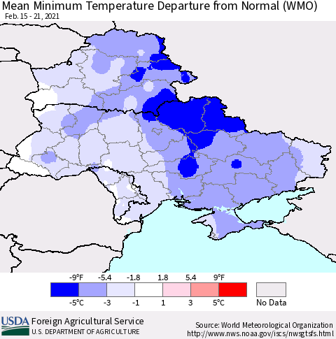 Ukraine, Moldova and Belarus Mean Minimum Temperature Departure from Normal (WMO) Thematic Map For 2/15/2021 - 2/21/2021