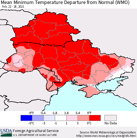 Ukraine, Moldova and Belarus Mean Minimum Temperature Departure from Normal (WMO) Thematic Map For 2/22/2021 - 2/28/2021
