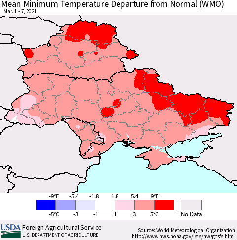 Ukraine, Moldova and Belarus Mean Minimum Temperature Departure from Normal (WMO) Thematic Map For 3/1/2021 - 3/7/2021